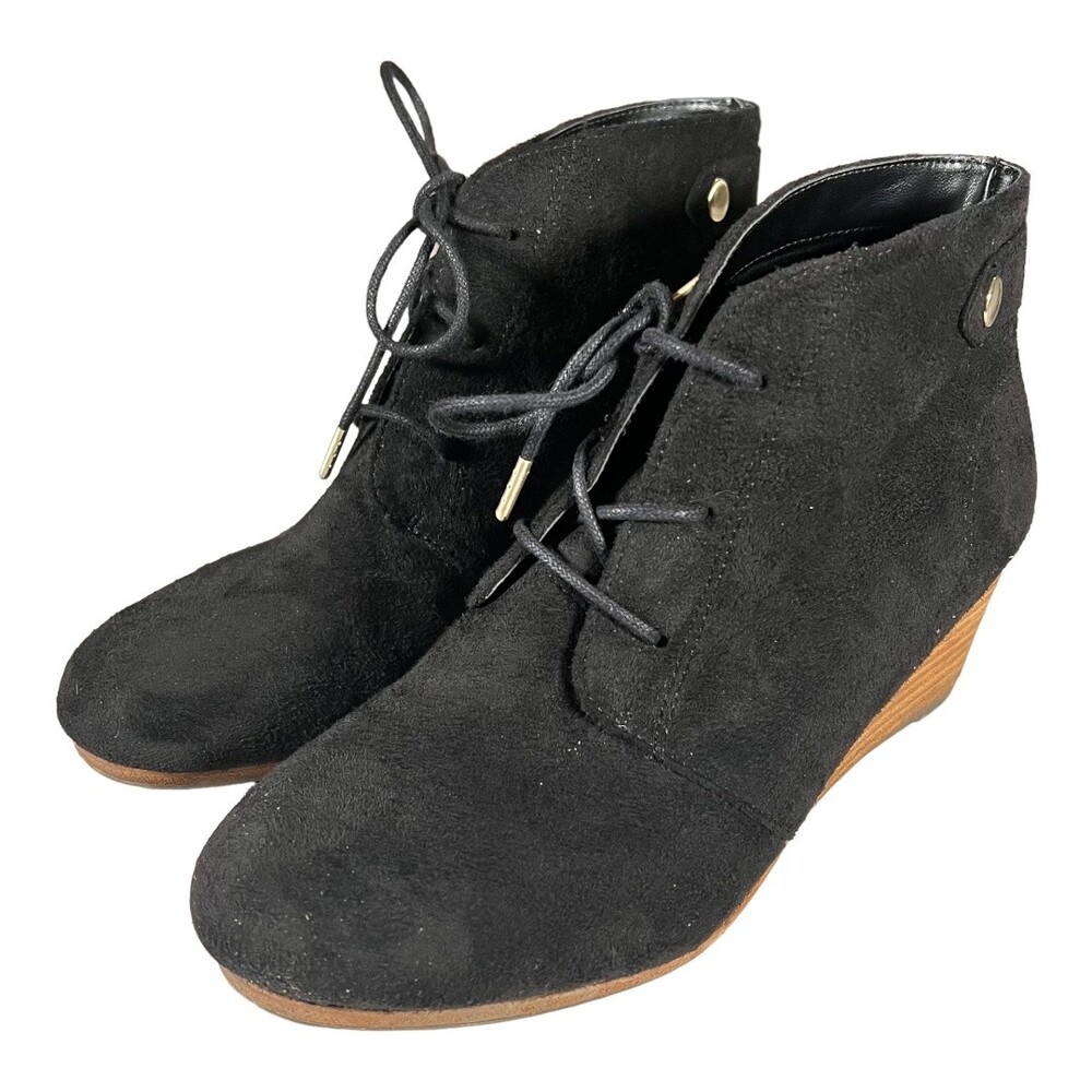 Dr. Scholl's Dynasty Ankle Boot Tie Bootie Wedge Heels Faux Suede Black Size 6M